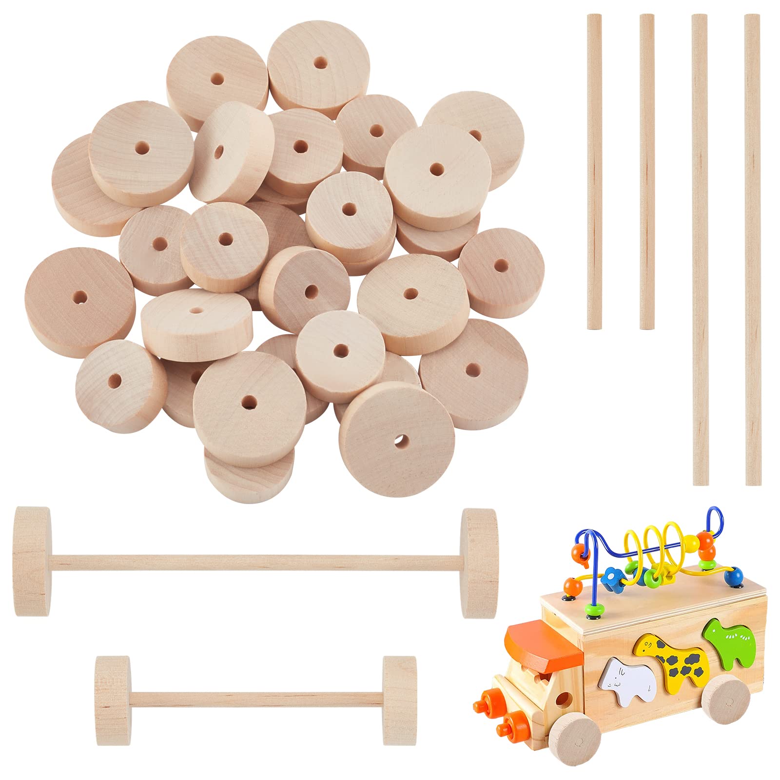 OLYCRAFT 32pcs Wooden Wheels with 32Pcs Wooden Sticks Unfinshed Wood Wheel Blank Woods Craft Wheels with 5mm Hole Wheel Accessories for DIY Cars Woods Craft Projects - 28mm & 35mm