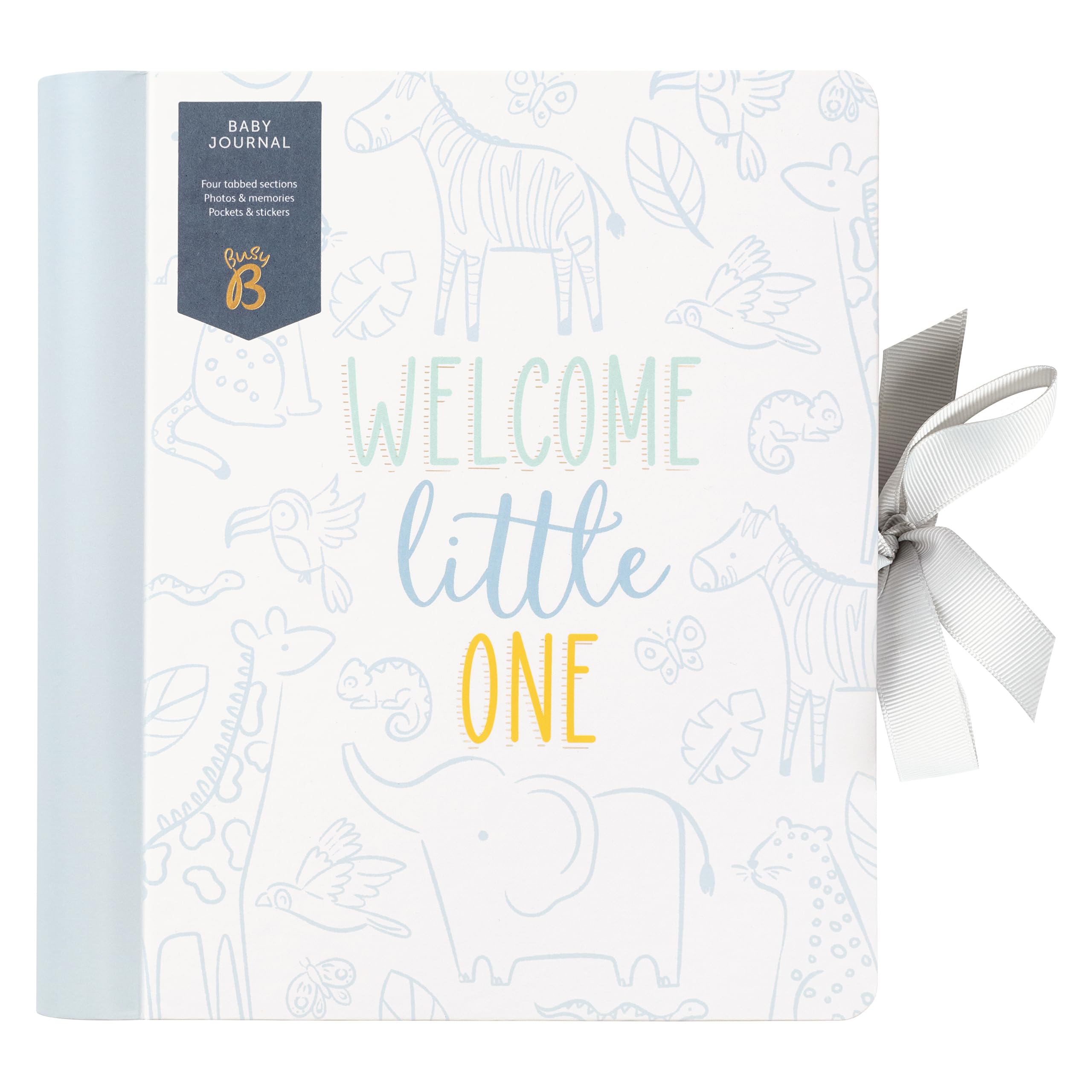 Busy B Blue Baby Journal - Spiral-bound with Ribbon Closure and Four Tabbed Scetions for Photos. Milestones and Memories, Four Handy Pockets for Storing Keepsakes and Stickers - FSC® Certified