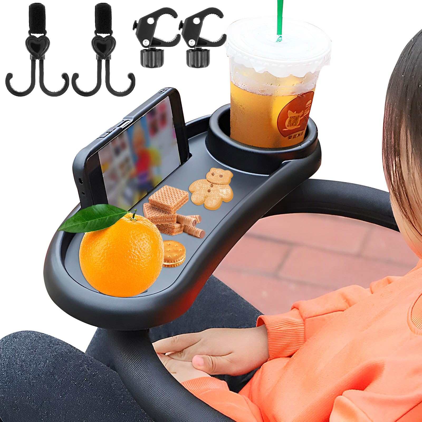 Stroller Snack Tray with Cup Holder Universal Child Snack Tray Removable Multifunction Stroller Organizer with Adjustable Buckle and Hooks Reusable Stroller Snacks Holder for Strollers