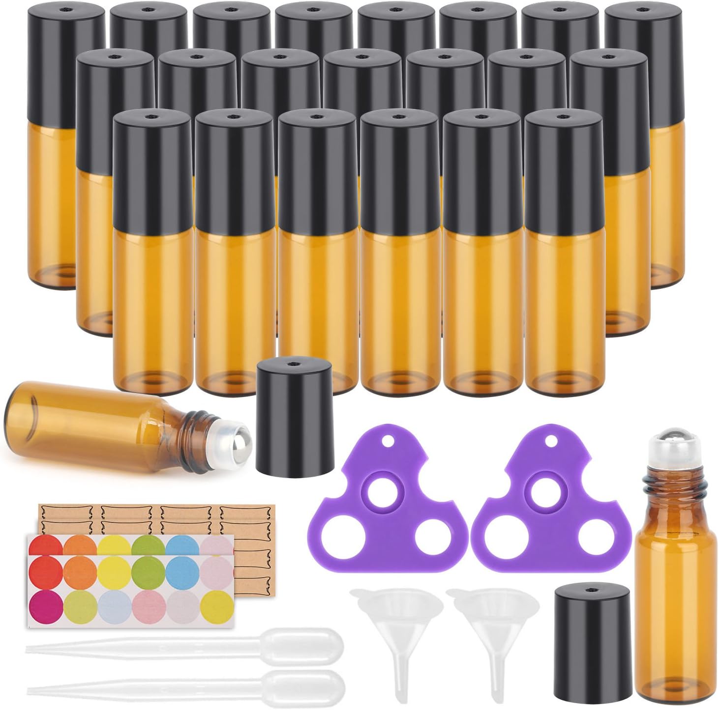 Essential Oil Roller Bottles, 24 Pack Amber Glass Roller Bottles 5ml, Roller Balls for Essential Oils, Roll on Bottles by Easytle (96 Pieces Labels, 4 Funnels, 4 Dropper, 2 Opener)