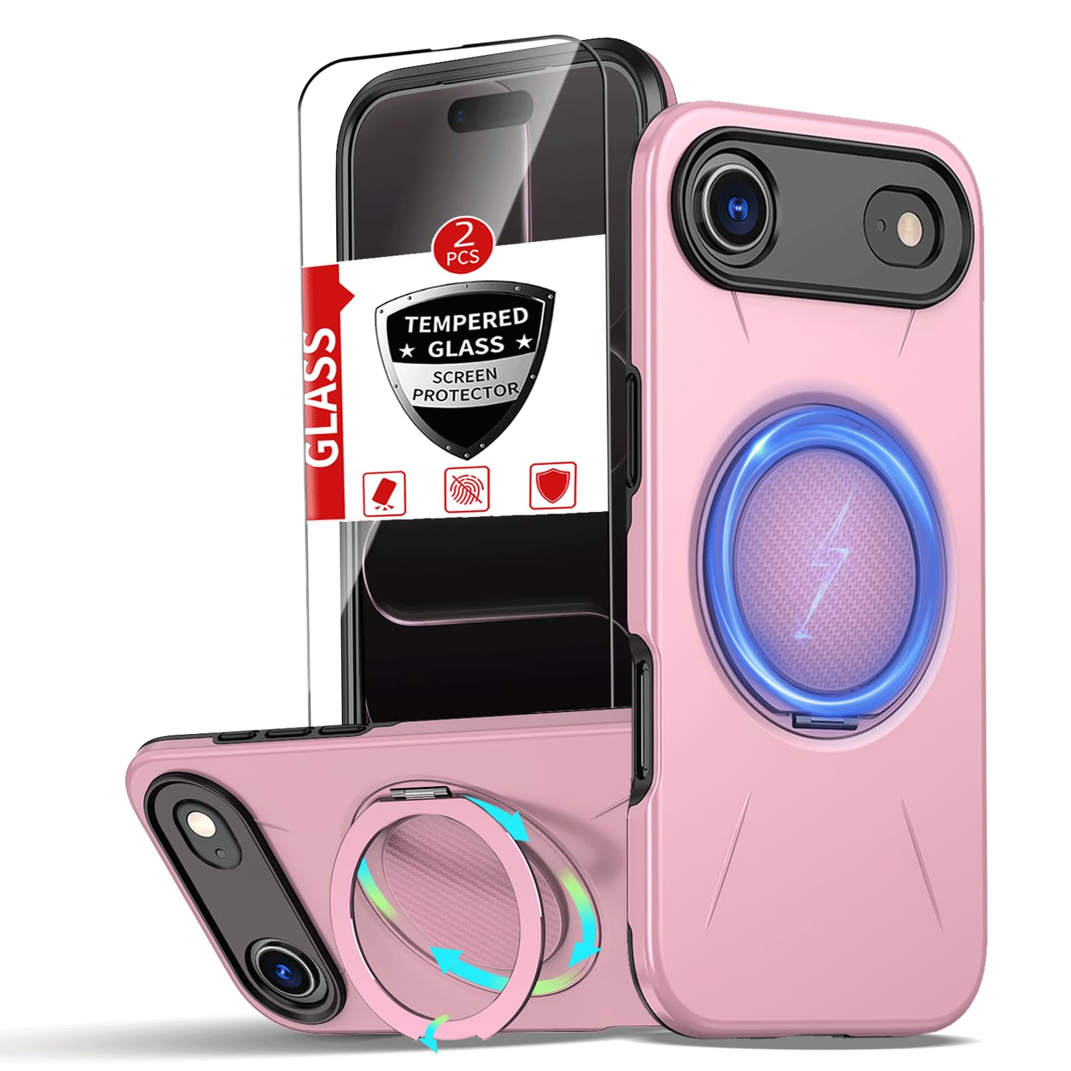 IYTRRYH for iPhone Air Case with 360°Rotatable Invisible Magnetic Kickstand Ring[Compatible with MagSafe] [with 2*Screen Protectors] for iPhone Air Phone Case 4X Military-Grade Shockproof Slim Pink