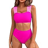 Blooming Jelly Women High Waisted Bikini Sets Color Block Tummy Control Swimsuits Retro Square Neck Sporty Bathing Suit