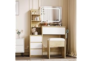 Makeup Vanity with Lights, 36-Inch Vanity Desk, 4 Large Drawers Dresser, 3 Lighting Modes, Stool & Charging Station, Modern V