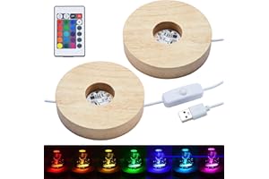 NEWCOMDIGI 2pcs LED Colorful Lights Base—Wooden Round Lighted Base,Adjustable 7 Colors,Multi Colors Changing Display Stand with Remote Control for Home for Illuminate 3D Crystal Glass Resin Art