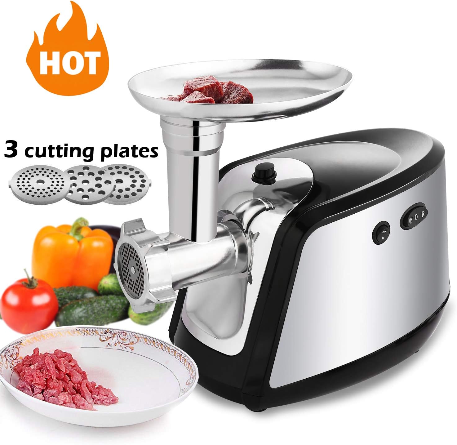 Electric Meat Grinder, Sausage Stuffer with 3 Grinding Plates and Sausage Stuffing Tubes for Home Use &Commercial, Stainless Steel/Silver/1000W