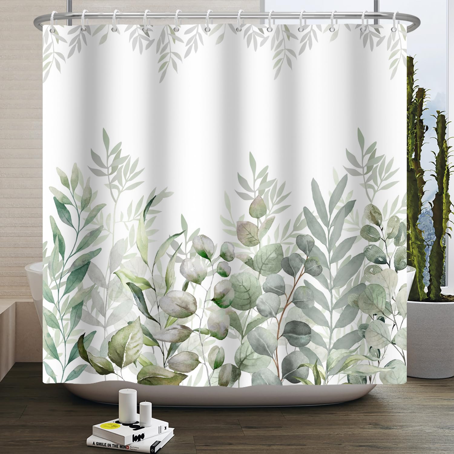 Ttincceer 180x180cm Eucalyptus Leaf Shower Curtain Sage Green Plant Leaves Bathroom Curtain Spring Summer Watercolor Botanical Shower Curtains Waterproof Bathtub Curtain — image 1