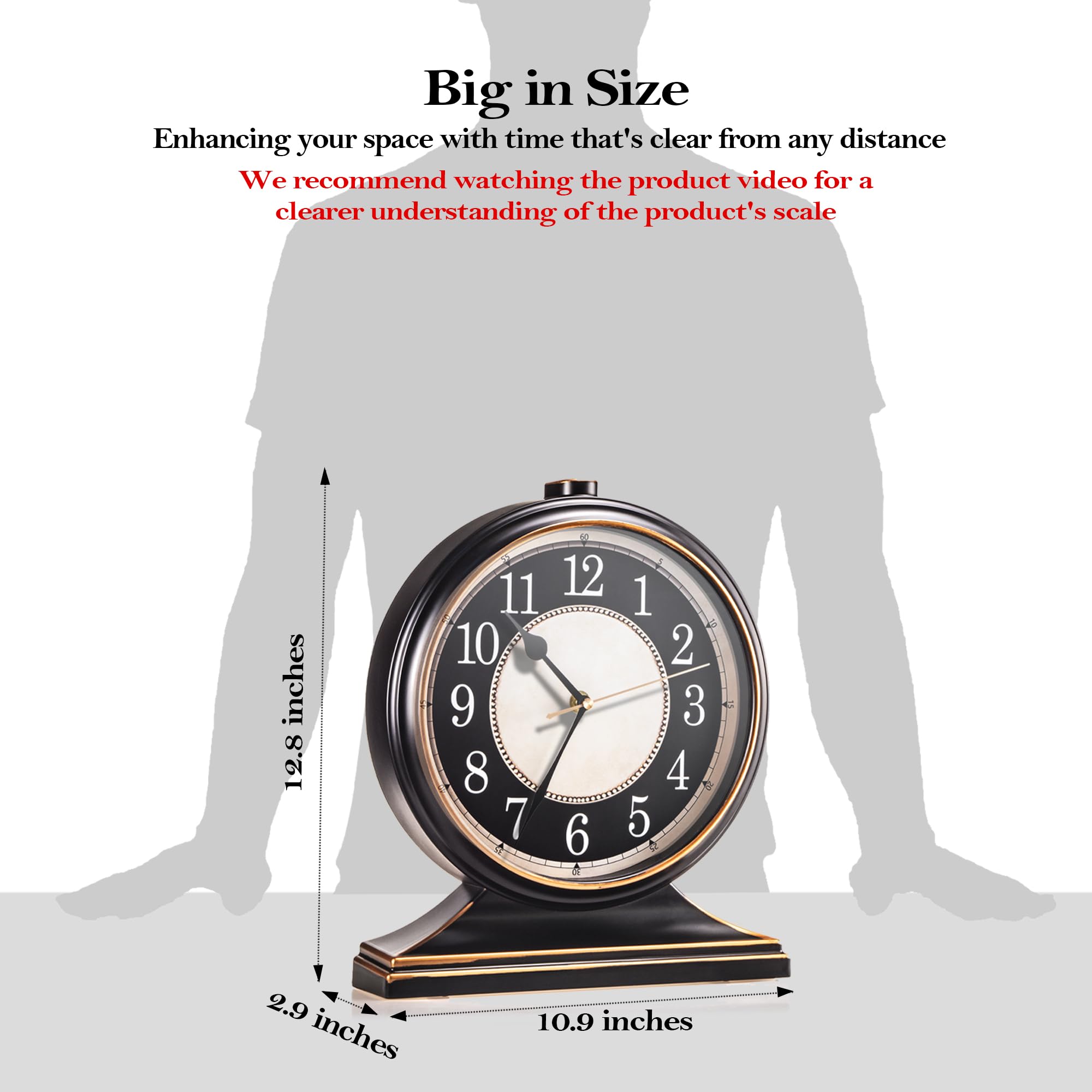 Vintage Desk Clock – Silent-Non-Ticking, 10-Inch Dial,Retro Mantel Clock for Living Room Decor, Bedroom, Shelf, Fireplace & Farmhouse