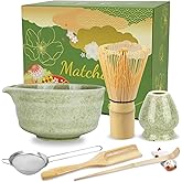 7 Pcs Matcha Whisk Set with Ceramic Bowl, Whisk, Holder, Bamboo Scoop, Sifter, Spoon and Holder, Matcha Kit for Matcha Lover (Matcha Green)