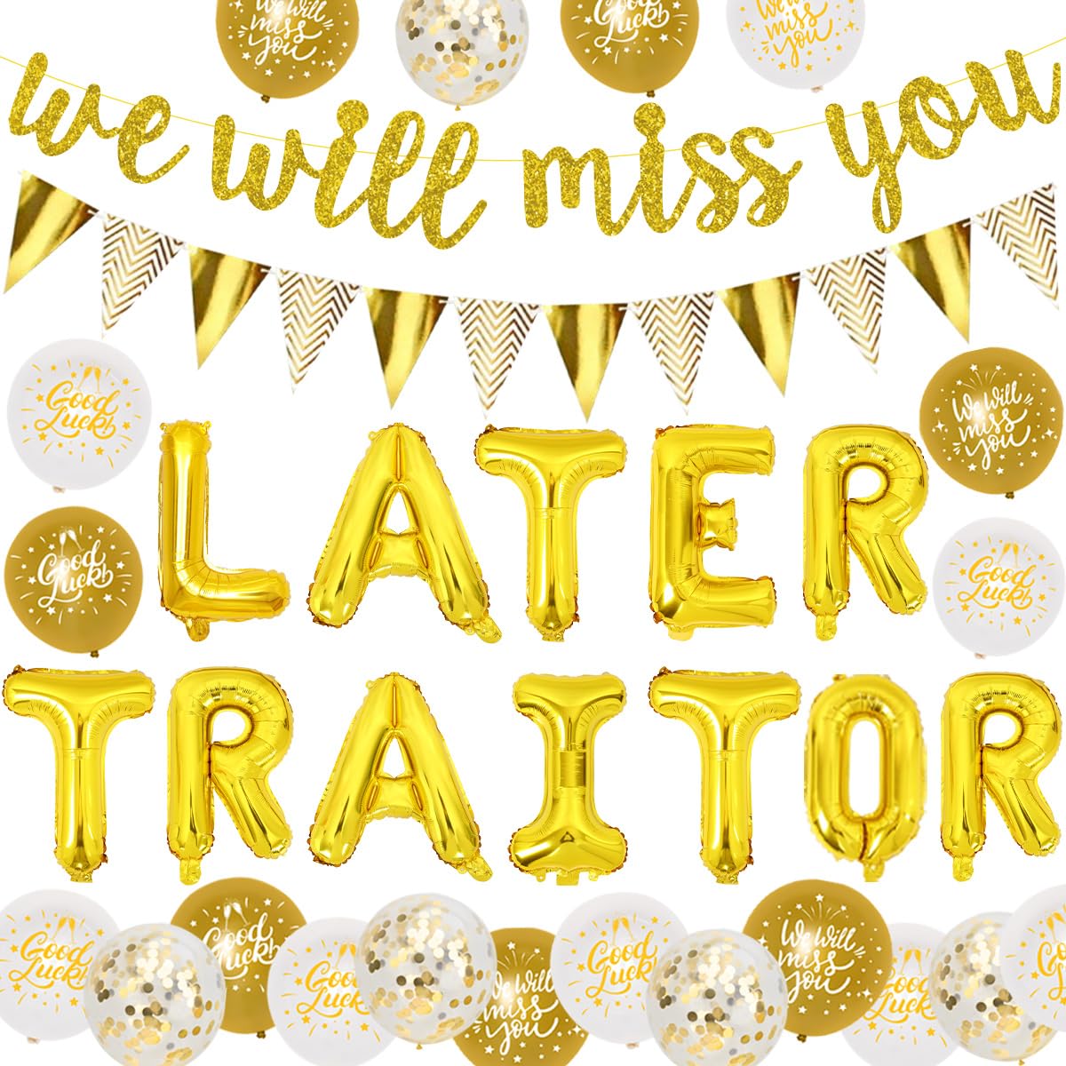 Sursurprise Leaving Party Decorations White Gold, Later Traitor Balloons for Colleagues, We Will Miss You Banner, Work Bestie Good Luck Farewell Coworker Retirement Party Supplies for Men Women