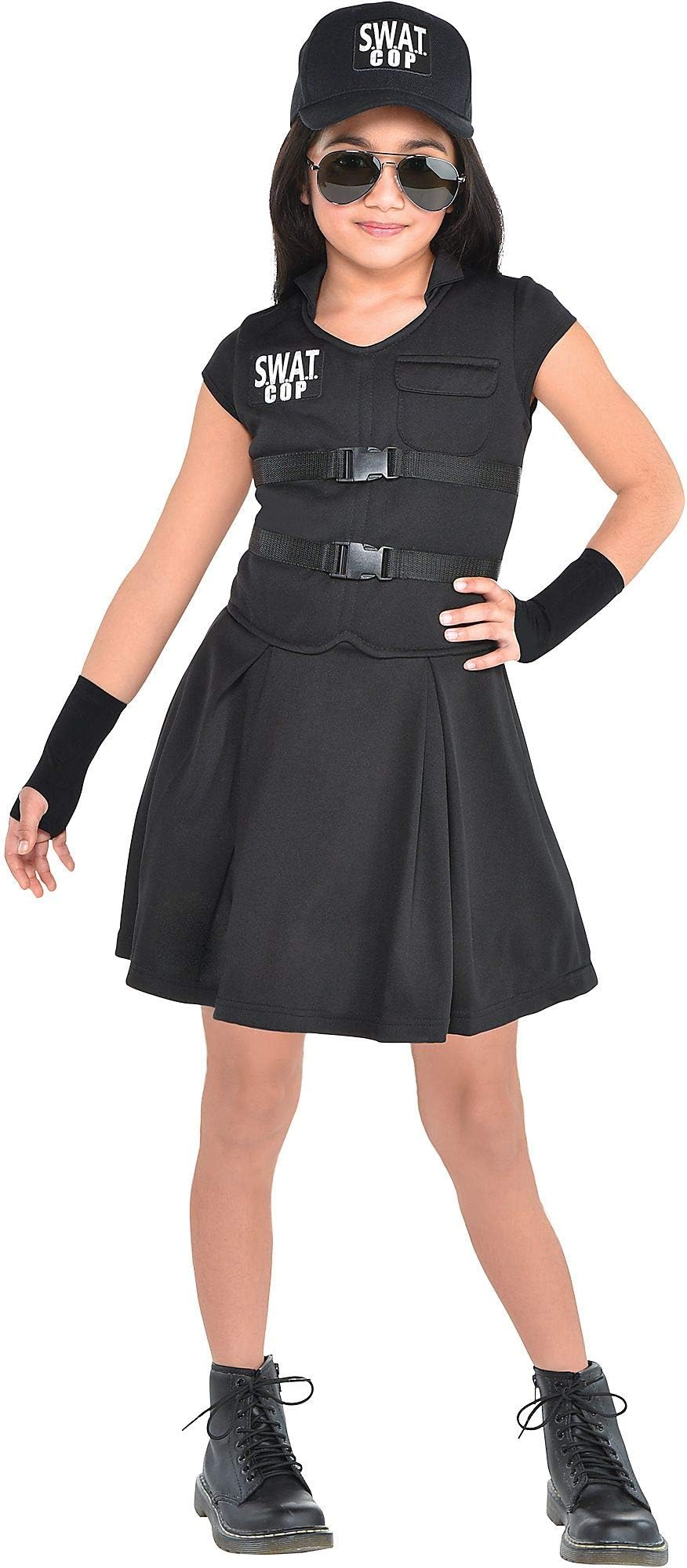 Party City S.W.A.T. Cop Costume for Children, Includes a Black Dress, Baseball Cap, and Fingerless Gloves