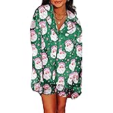 NUFIWI Women Christmas Pajamas Pjs Set Cute Santa Colorful Pj Long Sleeve Shirt Lounge Shorts 2 Piece Holiday Sleepwear
