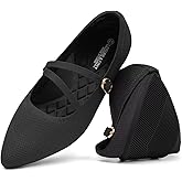 ZUXYAFU Women's Mary Jane Flats Knit Ballet Flats Pointed Toe Comfortable Ballerina Walking Dressy Office Slip-on Shoes with Adjustable Straps