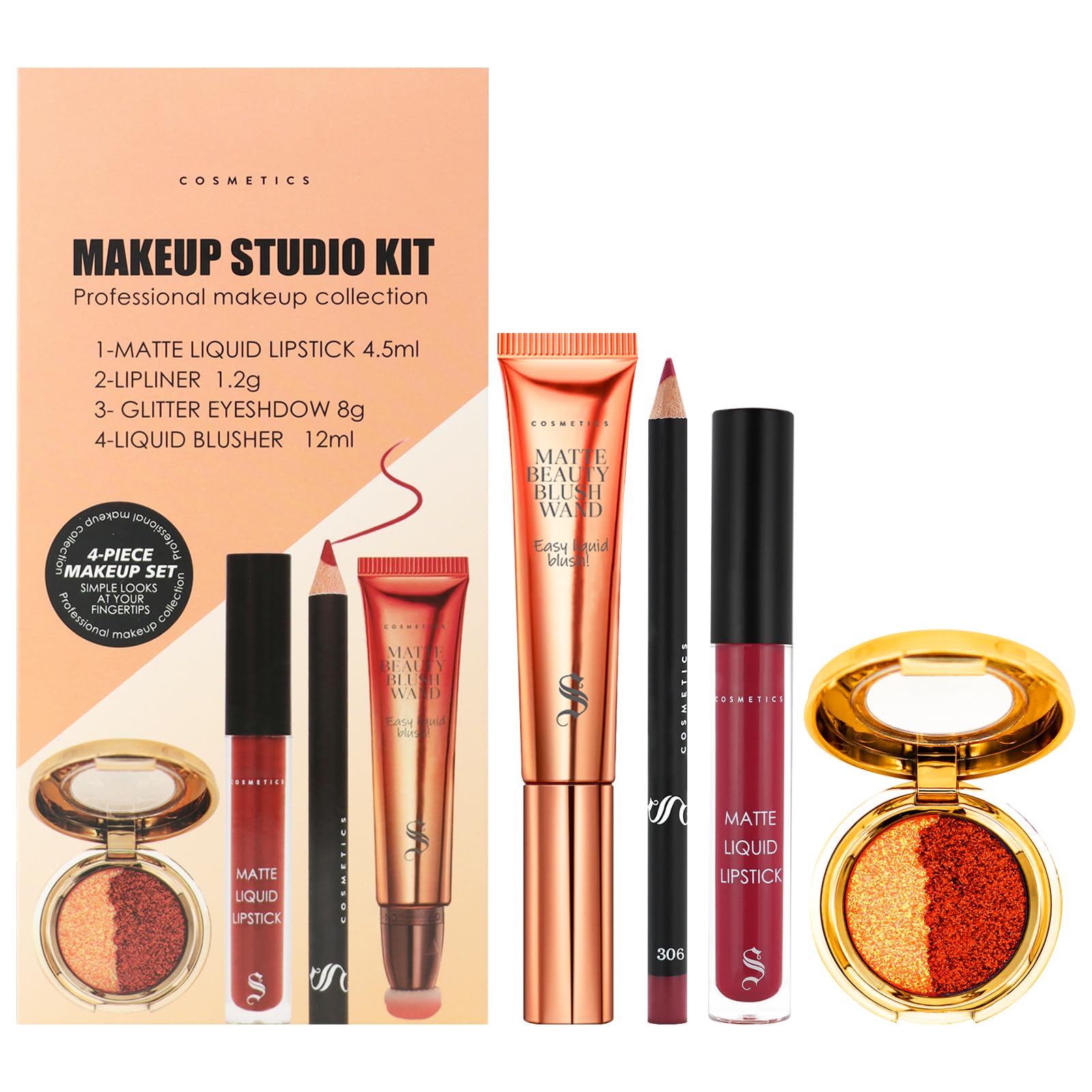 U-Shinein Blush Eyeshadow Lip Liner and Lipstick Makeup Set, Liquid Blush Beauty Wall, Shimmer Glitter Eyeshadow Palette, Matte Lipstick and Lip Liner, Christmas Makeup Gift, 4Pcs, 06