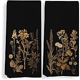 Qeheb Vintage Floral Kitchen Towels,Botanical Retro Black Dark Cottagecore Flower Kitchen Towels Decorative Set, Farmhouse Floral Bathroom Decor Hand Dish Tea Towels for Kitchen Bathroom 16x24in