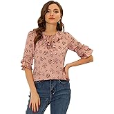Allegra K Women's Ruffled Neck Floral Blouse Tie Neck Ruffle Sleeve Chiffon Top