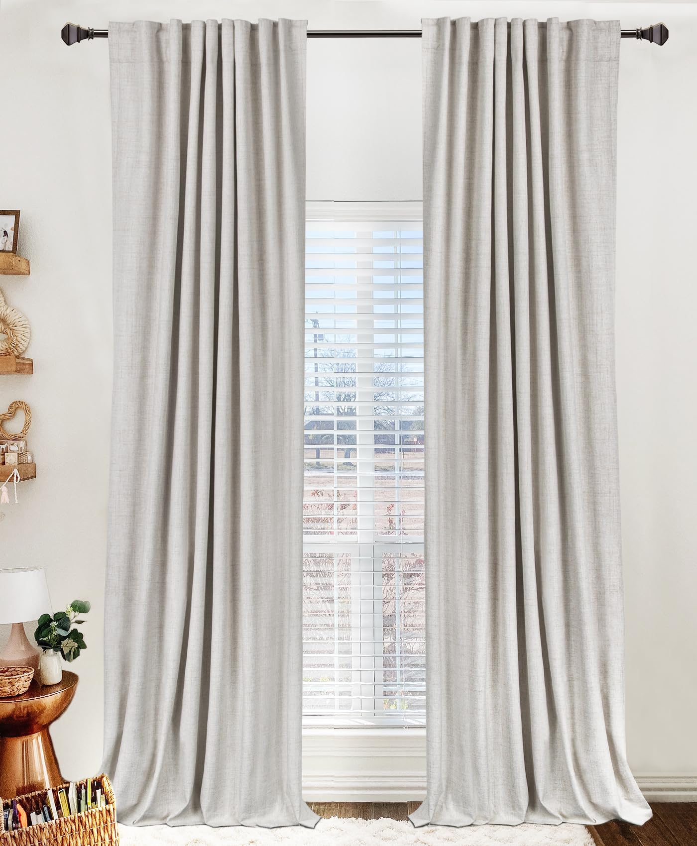 Faux Linen Total Blackout Curtains for Bedroom 63 Inch Long Natural Flax