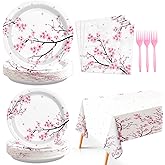 98Pcs Cherry Blossom Party Decorations Cherry Blossom Birthday Plates and Napkins Spring Pink Floral Tablecloth Tableware Set Decorations for Wedding Bridal Shower Retirement Party Supplies Serve 24