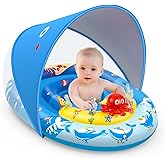 EZIGO Baby Pool Float with Canopy UPF50+ Sun Protection, Inflatable Kids Pool Floats with Ocean Animal Toys for Baby 6-36 Months, Infant Swimming Float with Adjustable Safety Seat for Boys Girls