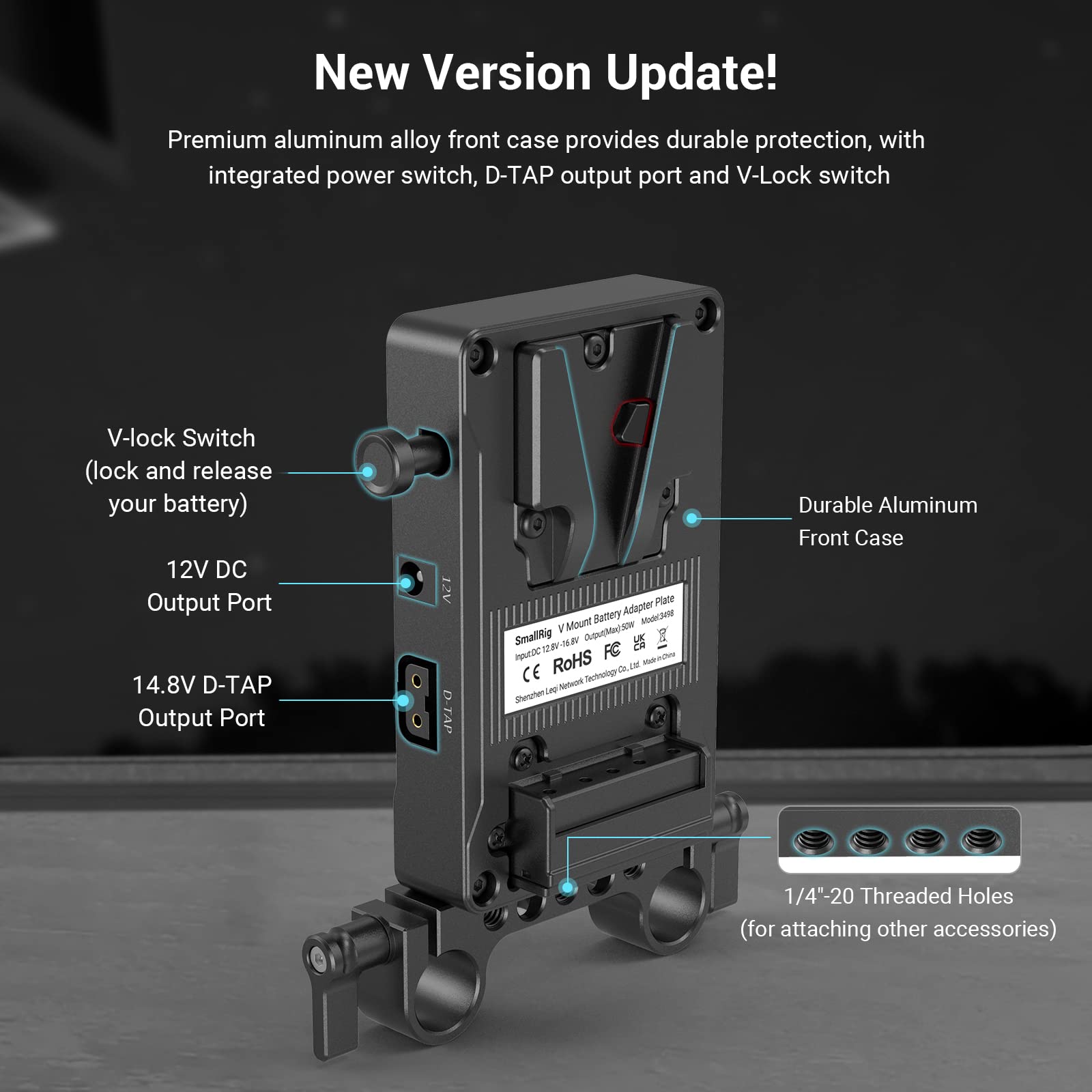 SmallRig V-Mount Battery Adapter Plate, V-Lock Battery Plate with Dual D-TAP and DC Ports, 15 mm Rod Clamp and 1/4