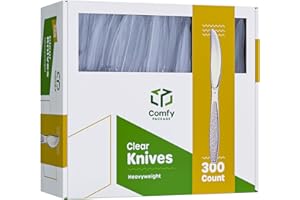GUSTO Comfy Package [300 Pack] Clear Plastic Knives Heavy Duty with Engraved Design - Plastic Knives Disposable, Sturdy Plastic Silverware for Parties, Weddings, and Events