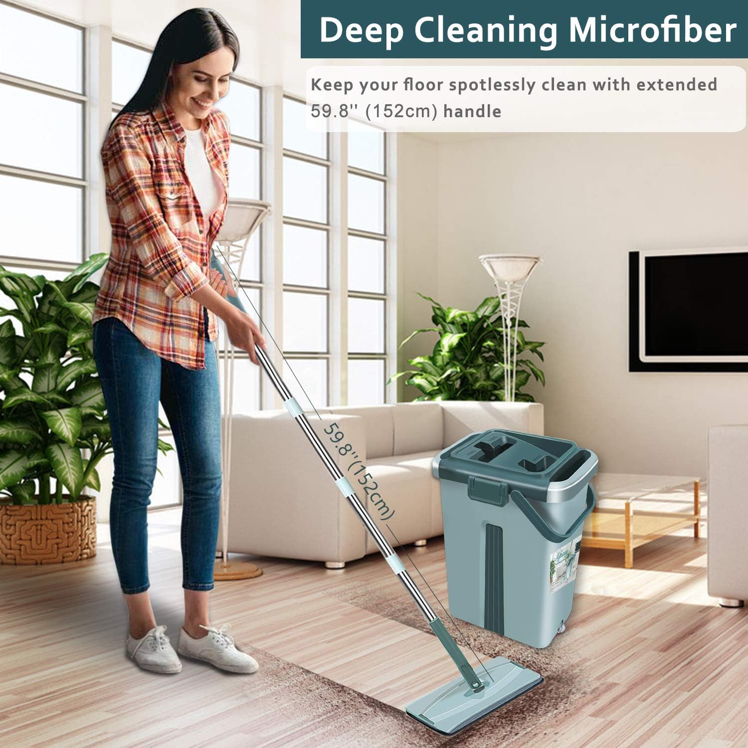 Floor Mop with Bucket, Aifacay Flat Squeeze Mop Bucket System Cleaning Supplies 360° Flexible Mop Head/8 Reusable Pads Home Hardwood Floor Cleaner Mops Extended Stainless Steel Handle Mops for Home: Kitchen & Dining