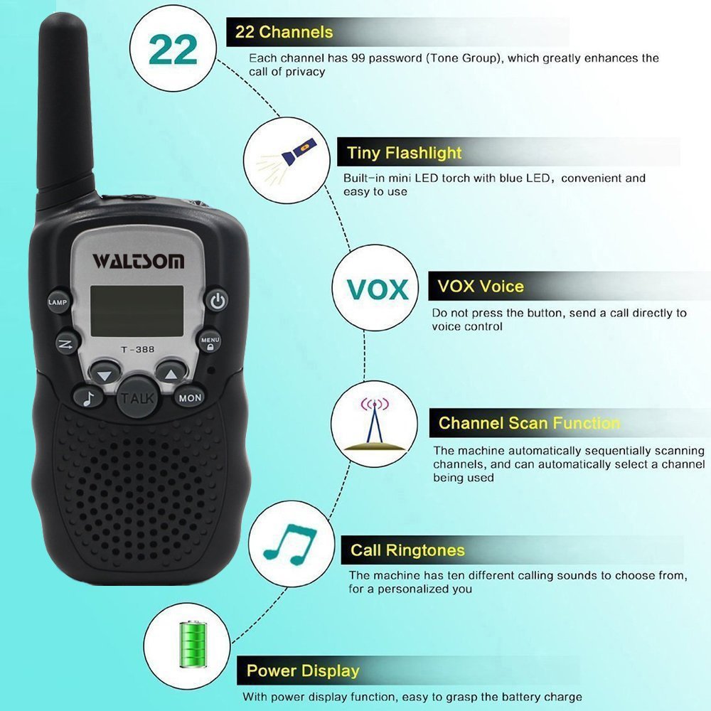 WALTSOM Kids Walkie Talkies, 2 Pack Portable T388 3KM Long Rang UHF Radio 22 FRS and GMRS Walky Talky for Camping/Summer Camp/Spring Outing Indoor Outdoor Activities, Best Gift for Child (Black)