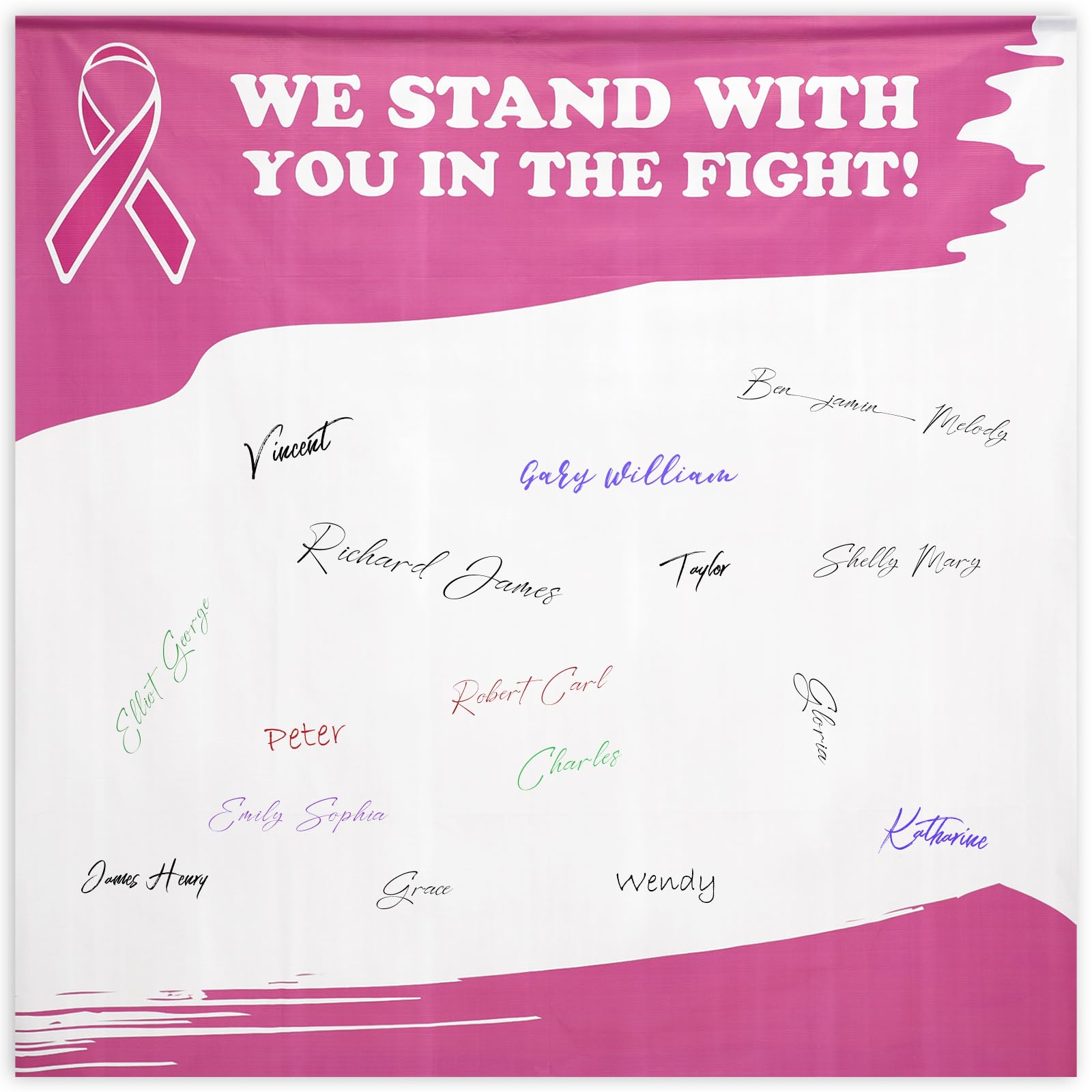 Photo 1 of Outus Cancer Awareness Autograph Poster for Students 6x6 ft Cancer Aware Poster Mental Health Domestic Violence Oncology Awareness Banner Charity Fundraiser Support Supply(Breast Cancer Awareness)