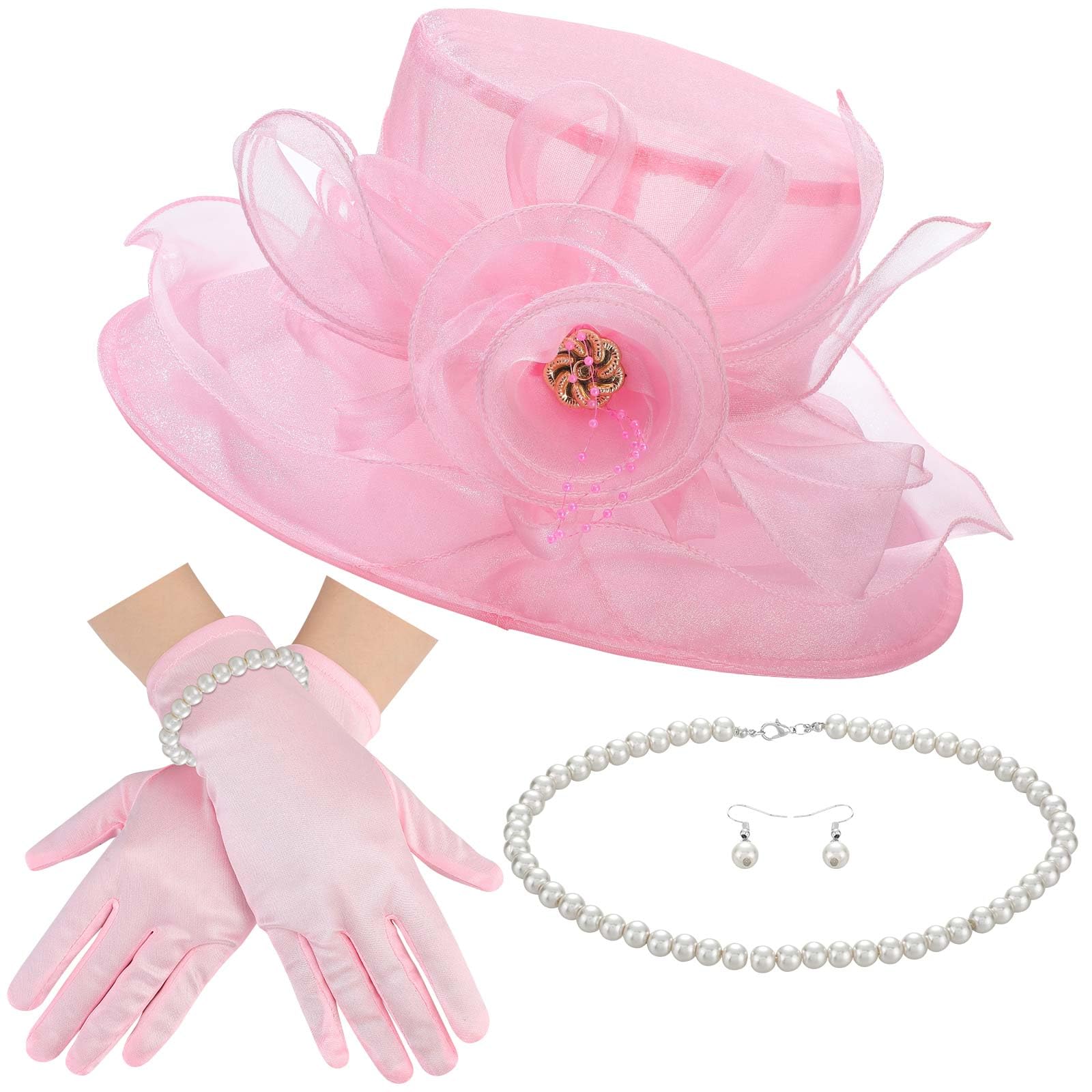 Photo 1 of Aurelema 5 Pcs Derby Fascinator Hat Gloves Set for Women Tea Party with Pearl Necklace Bracelet and Earring(Pink,Satin)