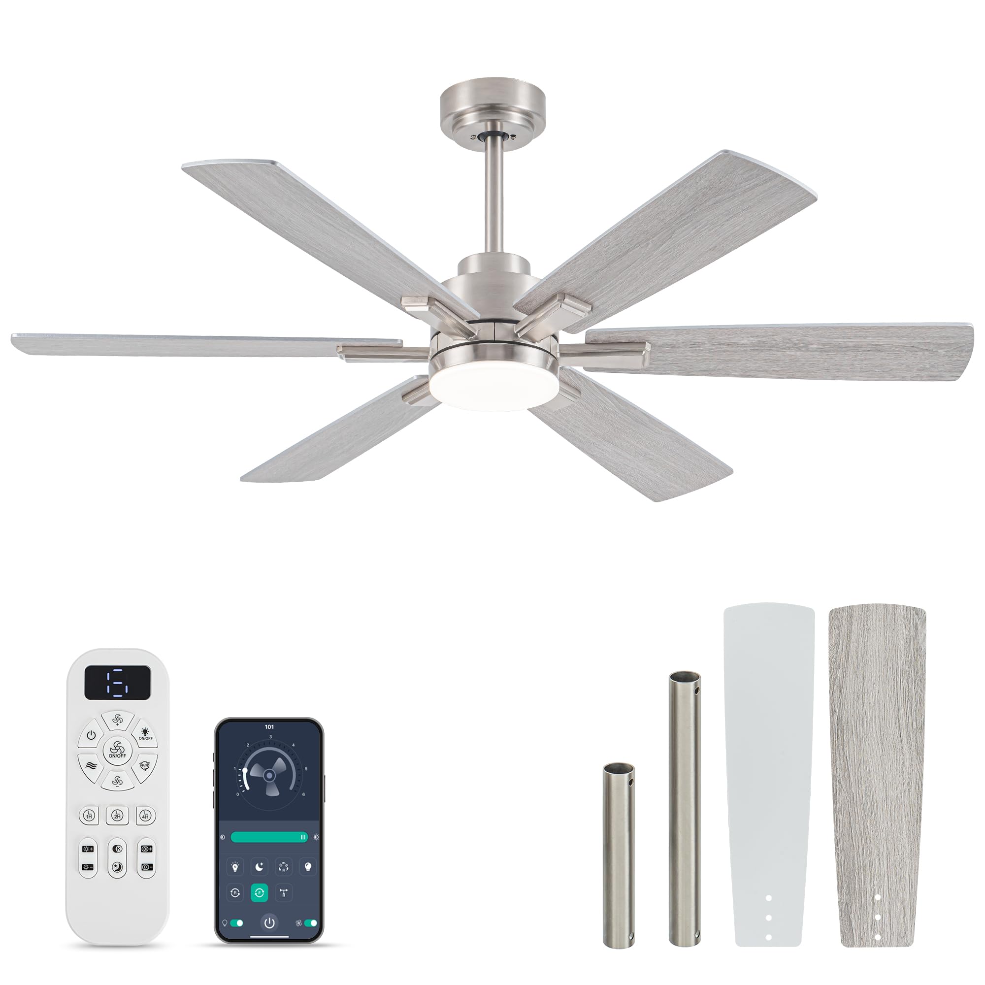 Photo 1 of OURSTAR Ceiling Fans with Lights and Remote Control, Brushed Nickel Ceiling Fan with Light 3-Color Dimmable, Memory for Lighting and Fan Reversible, 6-Speed, Timer, Indoor/Outdoor Use, 52 Inch