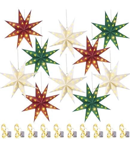 SUNBEAUTY 5-Piece Flocking Christmas Hanging Stars – 7-Pointed 18" & 12" Red/Green Foldable Decorations For Holiday Parties And Weddings