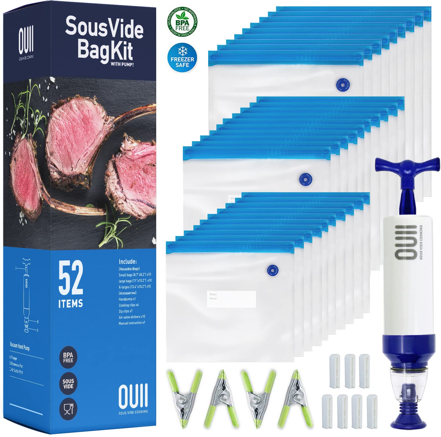 Sous Vide Bags for Joule and Anova Cooker - 52 Pieces Kit with Vacuum Sealer Bags, Hand Pump, Clips - 3 Bag Sizes, Food Storage, Meal Prep - Fits Any Sous Vide Cooking Machine