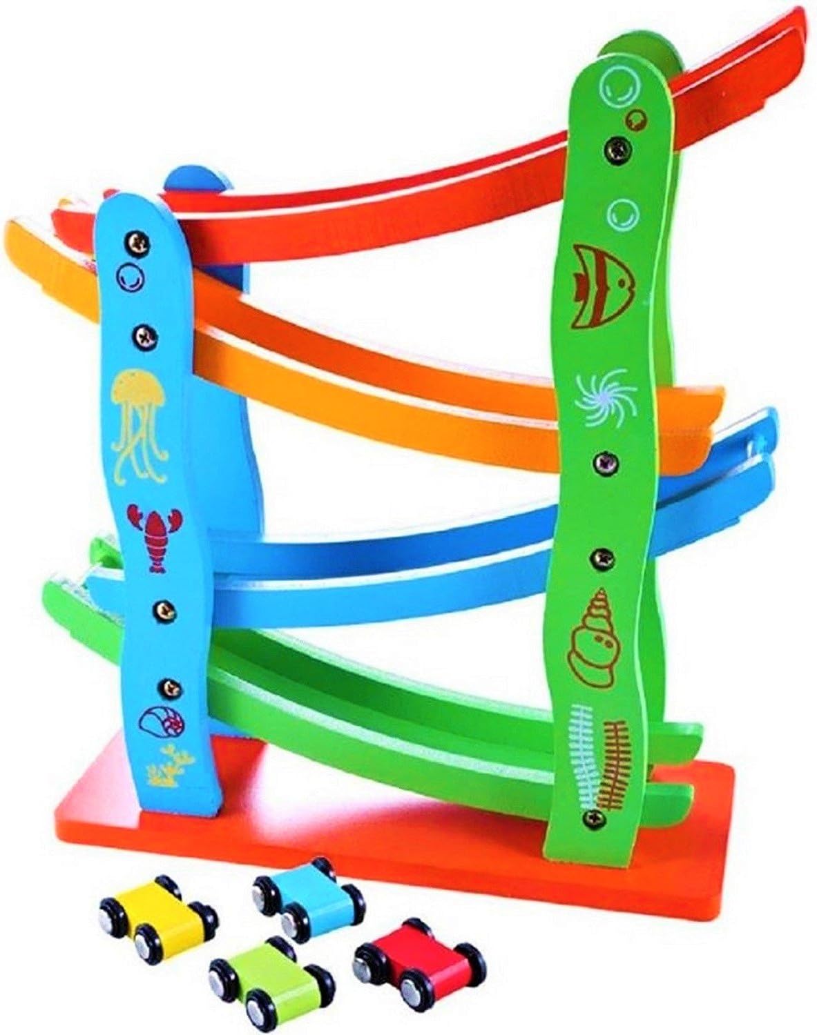 UJIE® Colourful Wooden Track Race Set with Miniature Cars Sliding Track Racer (Multi-Color, 5 Pieces)