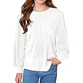 Girls Puff Long Sleeve Shirts Ribbed Knit Fall Blouse Pleated Solid Casual Tunic Top 6-14 Years