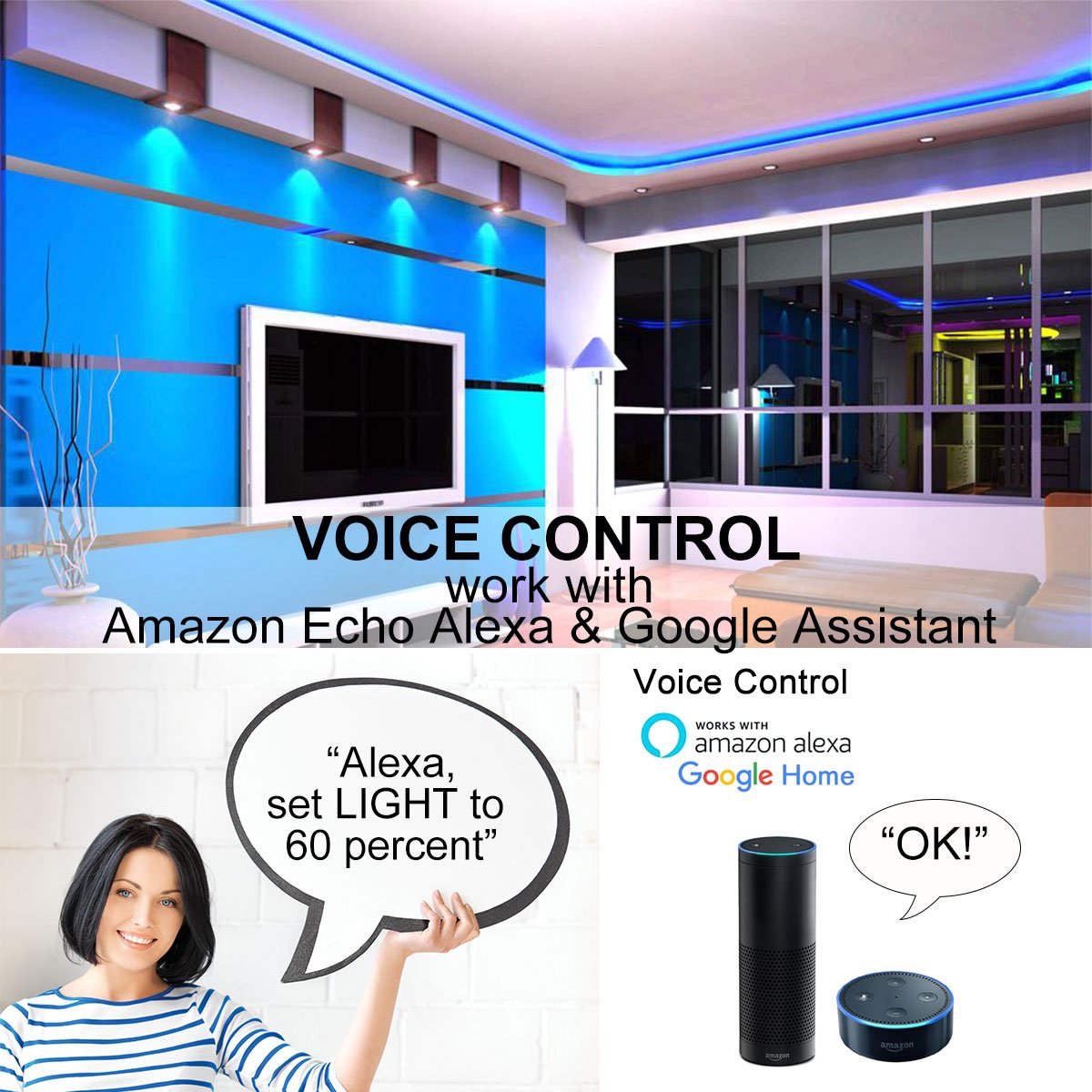 Guaiboshi Tira LED 5M Tiras de Luz Inteligente Impermeable con Wifi Controlador con Amazon Alexa Echo, Google Home, Luces LED 150Leds SMD 5050 Kit para iOS y Android Smartphones