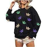 MOUSYA Mardi Gras Sequin Crown Sweatshirt Woman Fat Tuesday Shirt Saints New Orleans Party Shirts Long Sleeve Casual Tops