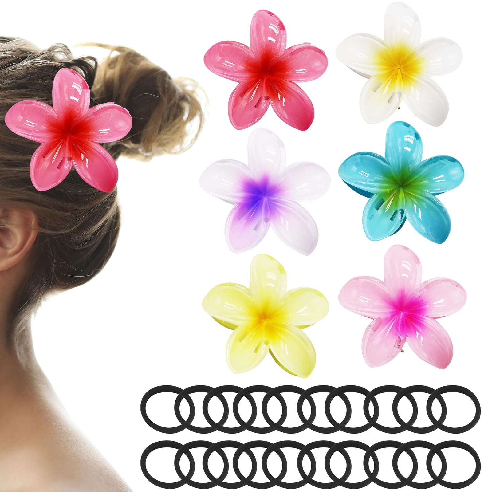 6 Pcs Hawaiian Flower Hair Claw Clips, Nonslip Design With 20 Black 4cm Hair Ties for Women Girls With Thick Medium Hair