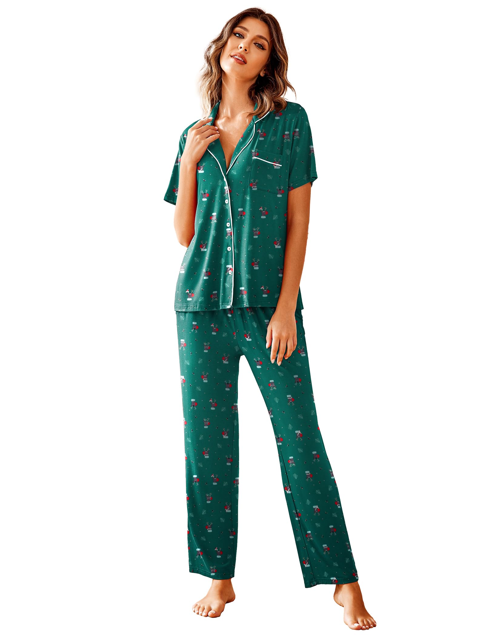 Avidlove Women Pajamas Set Notch Collar Soft Sleepwear Pjs Short Sleeve Button Down Nightwear with Long Pants PAT29,S Image