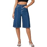roswear Women's Baggy Jorts Long Bermuda Jean Shorts Wide Leg Stretchy High Waisted Denim Shorts