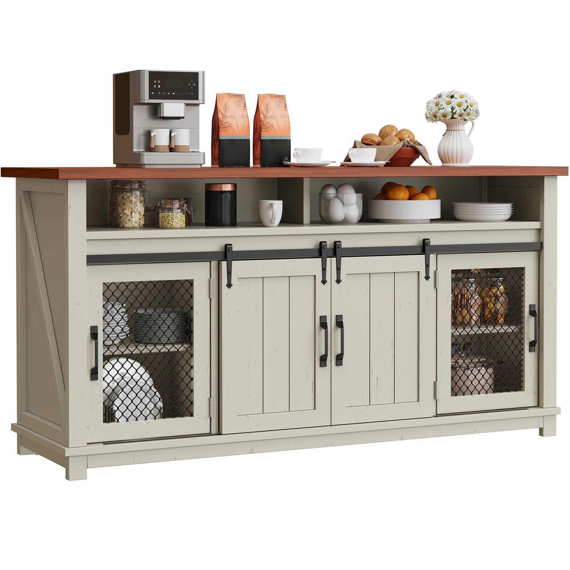 Photo 1 of *****Missing part********Missing part***DWVO 63" Farmhouse Sideboard Buffet Cabinet with Storage, Large Coffee Bar Cabinet with 2 Sliding Barn Doors & 2 Visual Grid Doors, Kitchen Storage Cabinets for Living Room, White