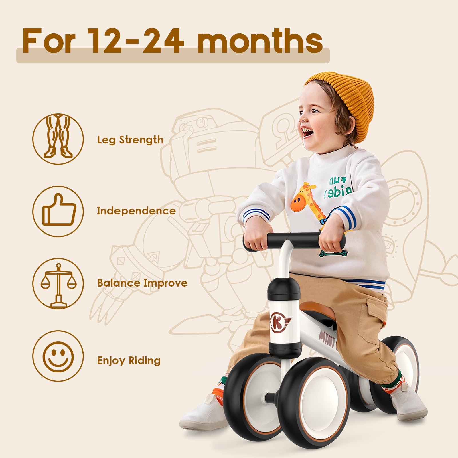 Baby Balance Bike for 1 Year Old Boys Girls Toddler Toys with 4 Wheels for Ages 12-24 Months - Toddler Balance Bike First Birthday Gifts | Ride On Toys for Boys & Girls
