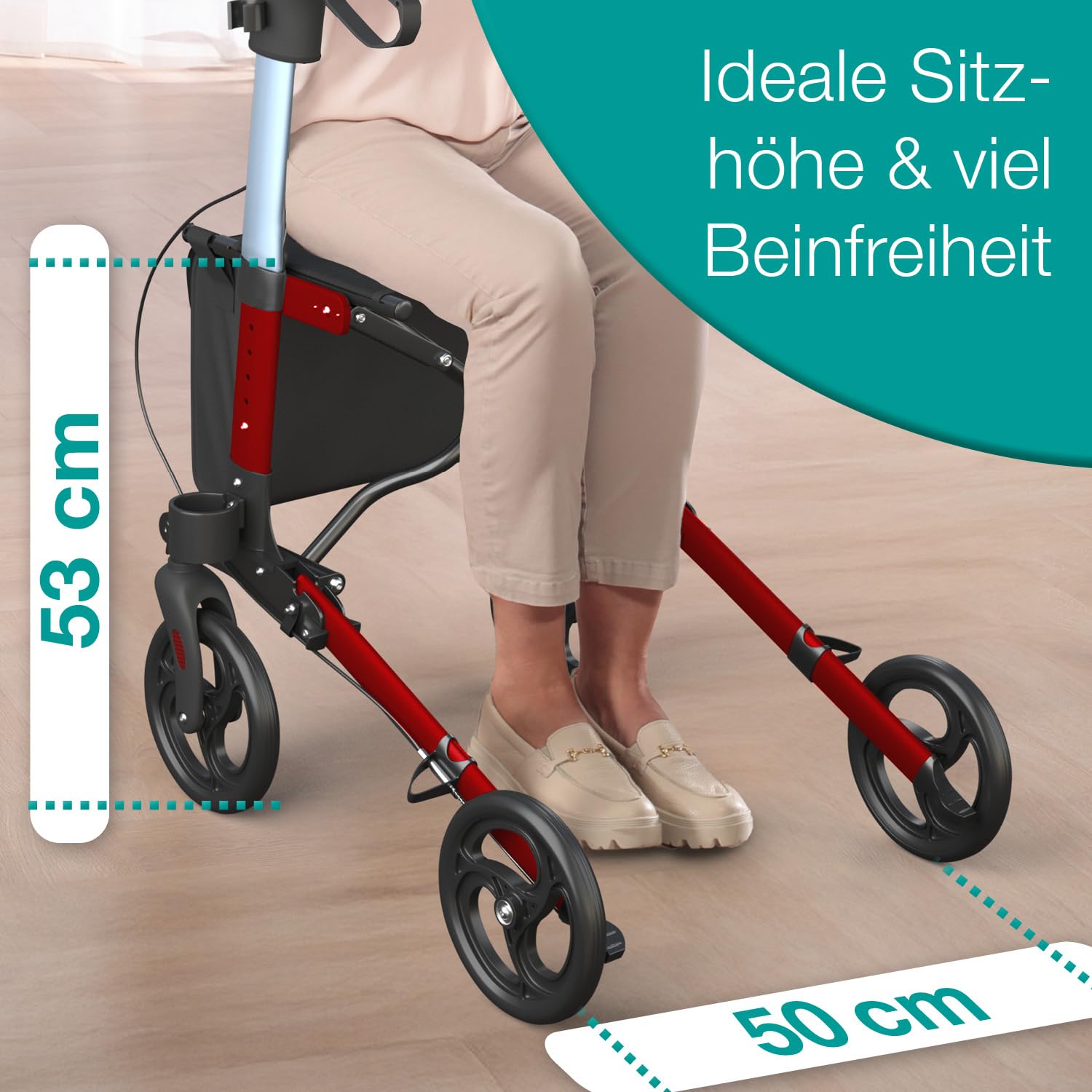 ELONEO Rollator faltbar und leicht mit Sitz, Leichtgewicht-Reiserollator aus Aluminium, Gehhilfe 8-fach höhenverstellbar, Laufhilfe 3-fach faltbar für Kofferraum, Tasche & Schirmhalter Rot 9