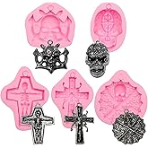 Gothic Silicone Molds, Halloween Skull Fondant Molds Cross Design Necklace Pendant Mold for Cake Decoration Chocolate Candy Sugar Craft Gum Paste Set of 5
