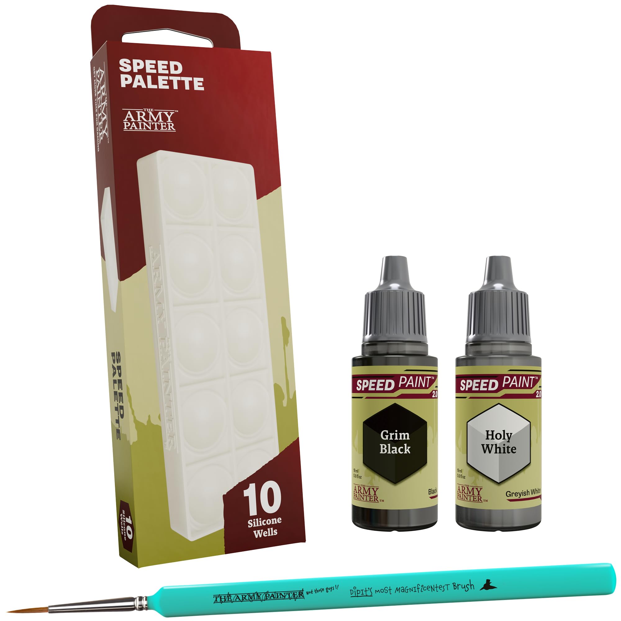 The Army Painter, Speed Palette Bundle: 1 Speed Palette, 1 Dipit Brush, 1 Speedpaint Grim Black & 1 Holy White - Contrast miniature paint and tools for D&D & Warhammer Miniatures
