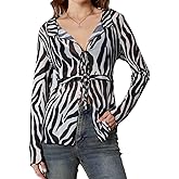 Milumia Women's Zebra Striped Tie Front Sheer Tee Top V Neck Long Sleeve T Shirts