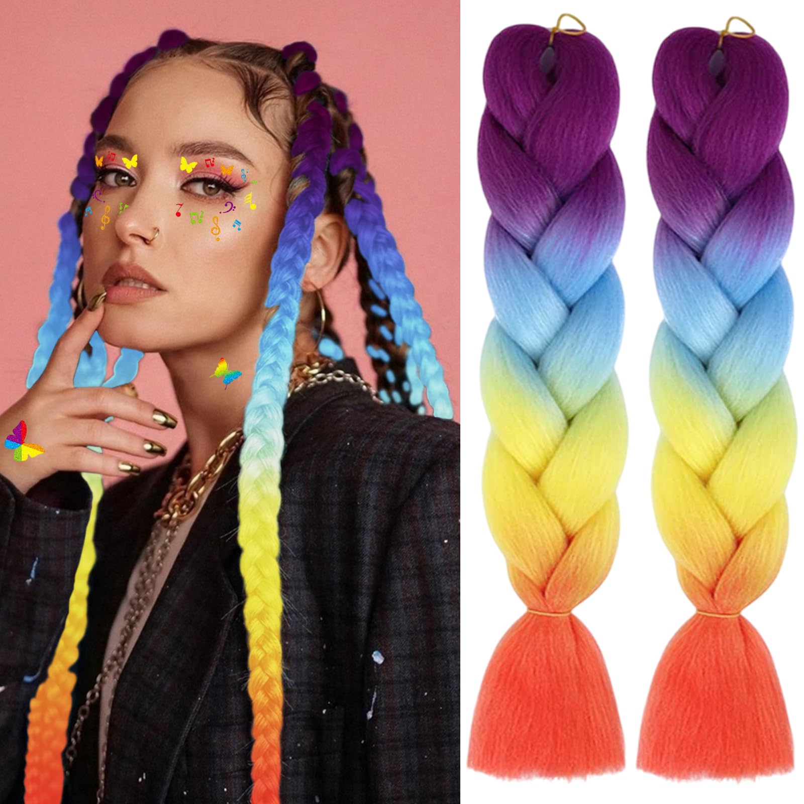 Photo 1 of 24 Inch Colorful Braiding Hair Extensions for Women 4 Tone Rainbow Ombre Braiding Hair Pre-stretched High Temperature Synthetic Fiber Hair Twist Crochet Braids for Pride Day LGBTQ Party (2 Pcs)
