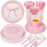 Ziliny 350 Pcs Pink Bow Plates and Napkins, 50 Guest Coquette Party Supplies Include Gingham Paper Plates Bow Napkins Cups Plastic Spoons Forks Knives Birthday Tableware Set for Baby Shower