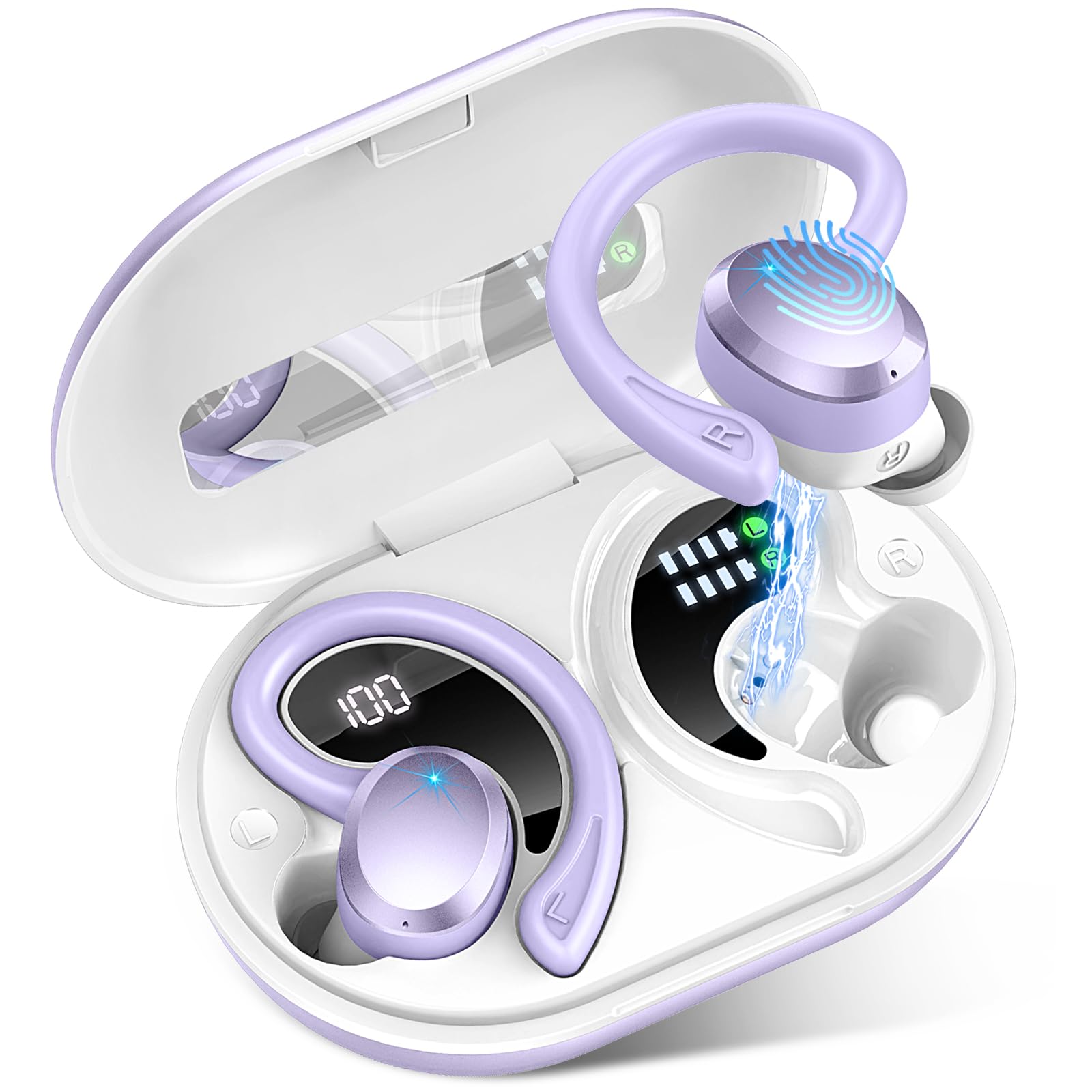 thumbnail image 2 of R200 Wireless Earbuds Enc Noise Cancelling Mic Bass Stereo Over Ear Buds With Earhooks 48h 2 of 13