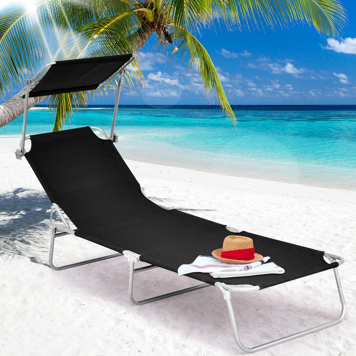Happygrill Lounge Chaise Chair, Foldable Adjustable 5 Positions Relaxing Chair Recliner with Sun Shade for Garden Beach Patio Pool, Black