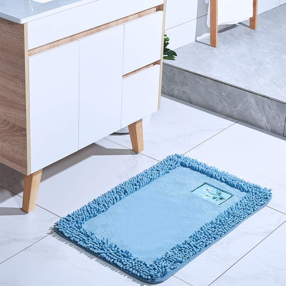 Non Slip Shaggy Chenille Bath Rug -Soft Microfibers Mat for Bathroom Rugs Water Absorbent of Plush Carpet, Machine Washable and Dryable for Tub Shower, 20 x 30 Inches Blue and Gray (2030, Blue): Kitchen & Dining