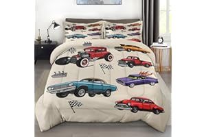 Pamnest Comforter Set Twin Size, Car Colorful Vintage Soft 2 Pcs Bedding for Kids and Adults, Retro Truck American Flag Comforter Set with Pillowcase, for Bedroom Bed Decor